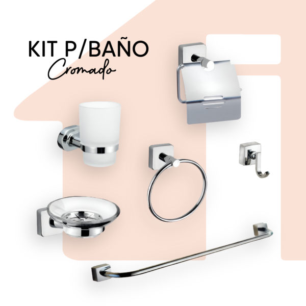 KIT P/BAÑO CROMADO BASE CUADRADA 6PZA PESADO